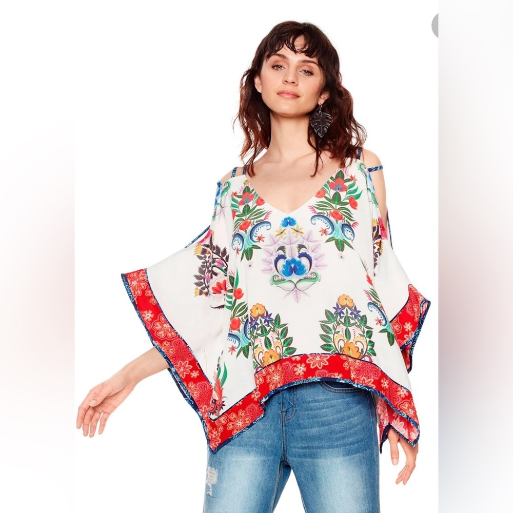 Desigual White Blouse with Multicolor Floral Design
